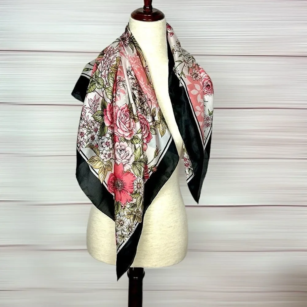 Floral Square Scarf Silky Chiffon Pink Ivory Black Trim Hand Rolled